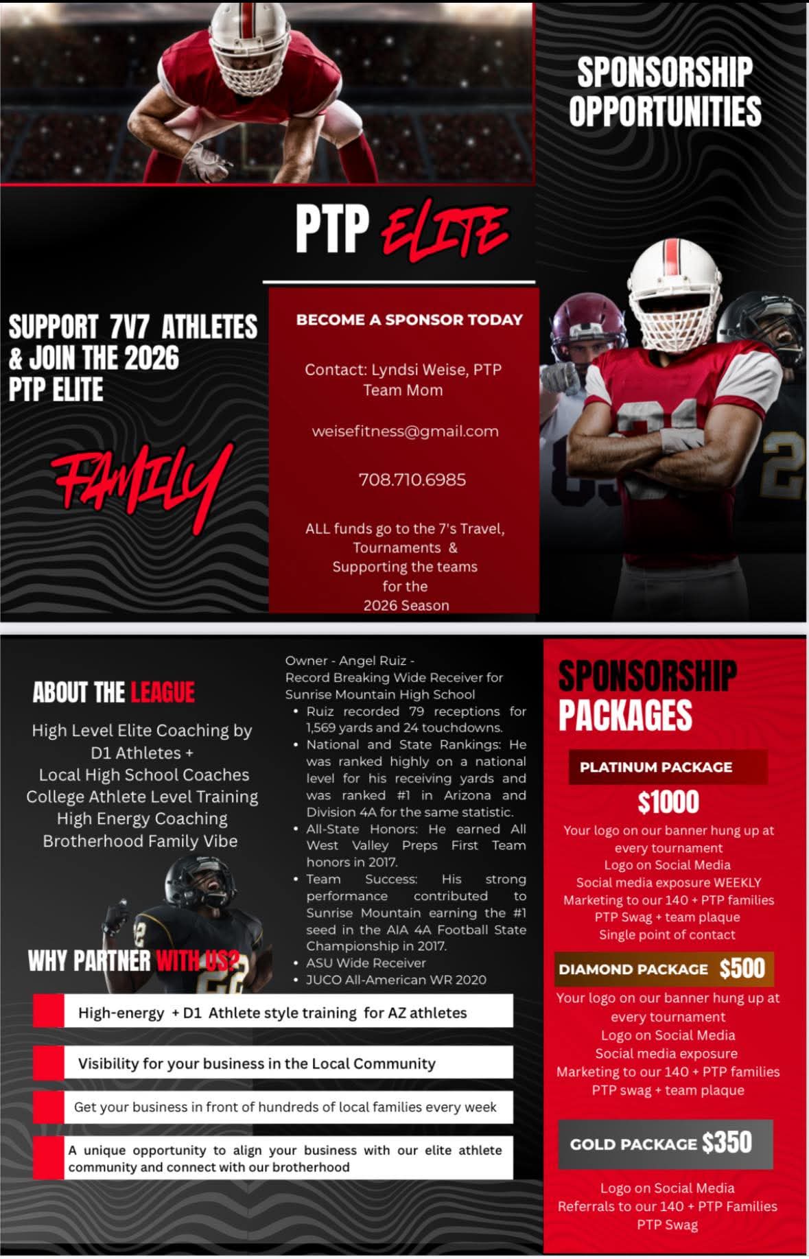 PTP Elite Sponsorship Opportunities flyer with package tiers and contact details